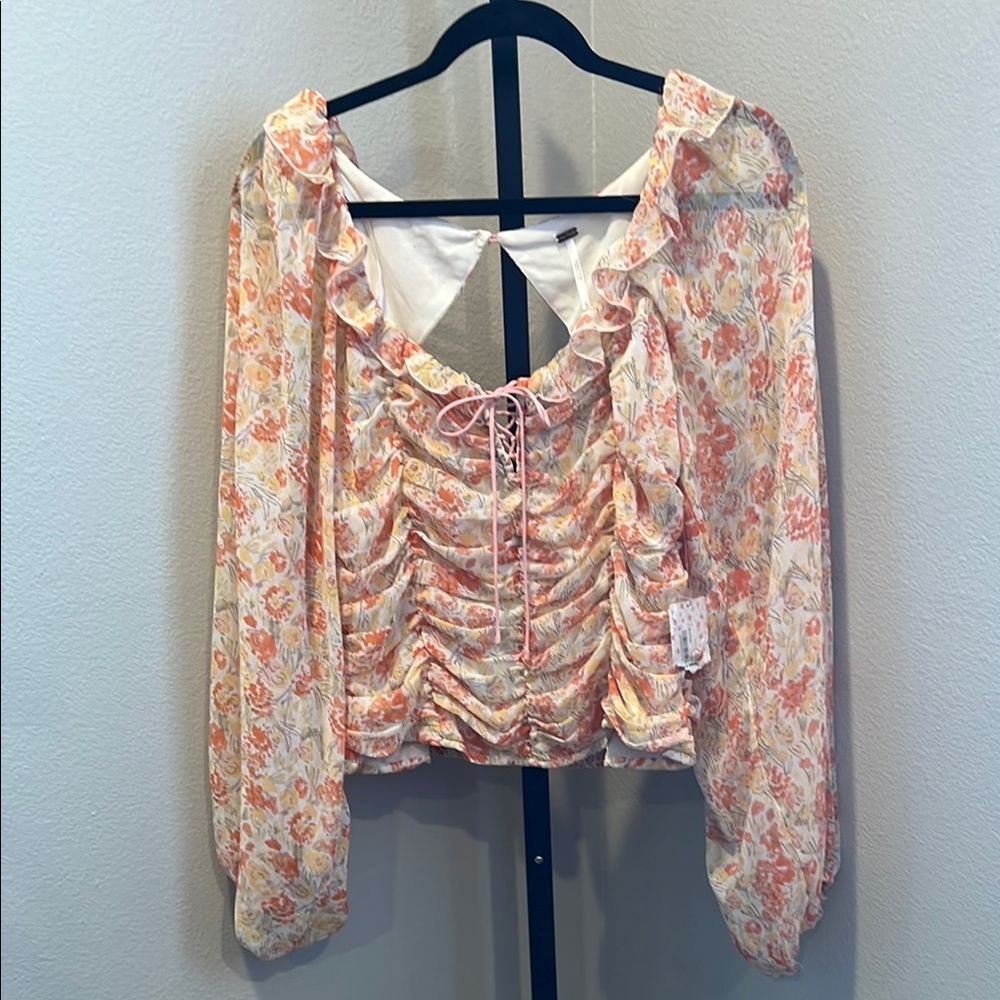 Free People Orange Ruched 3/4 Sleeve Blouse